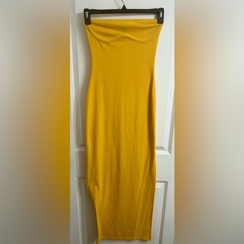 ASOS Mustard Yellow Strapless Ribbed Midi Dress | Bodycon Fit | Size 6